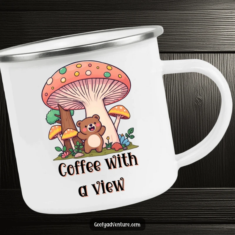 Funny Kawaii bear mushroom forest camping mug, excitedly exploring a giant, colorful mushroom landscape, for outdoor adventures.