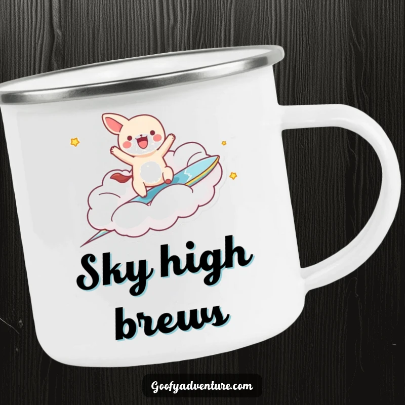 Funny kawaii animal character riding a cloud surfboard, sturdy camping mug design, perfect for outdoor enthusiasts.