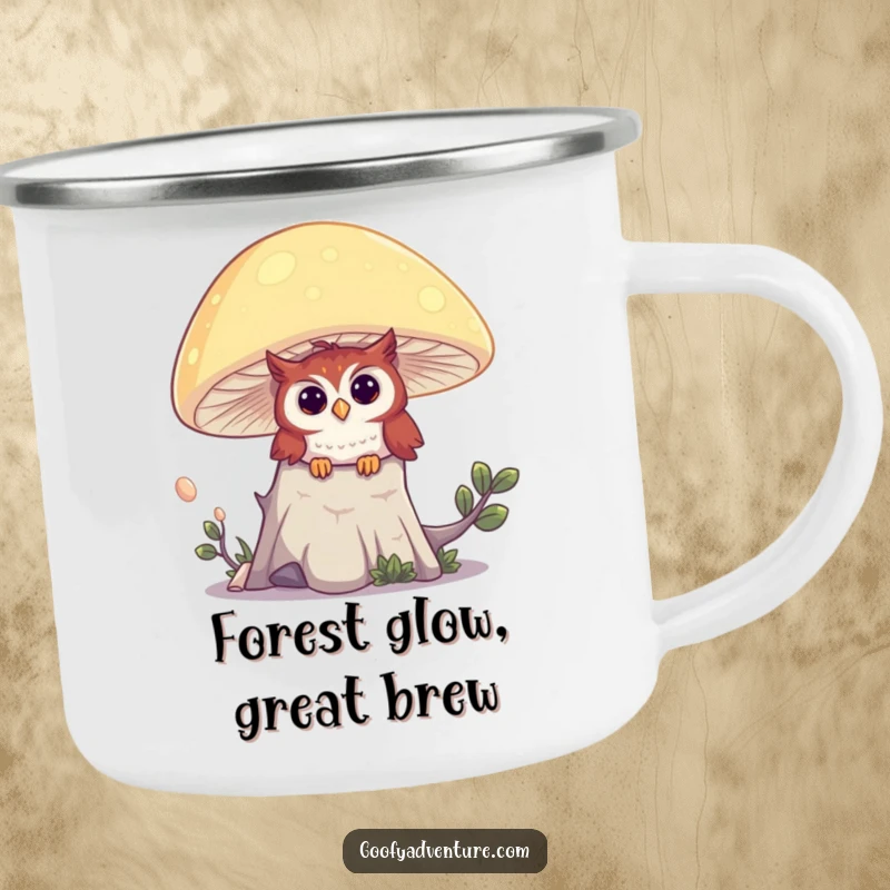 Funny camping mug with a curious owl peeking from behind a glowing mushroom, perfect for outdoor enthusiasts and fantasy lovers.