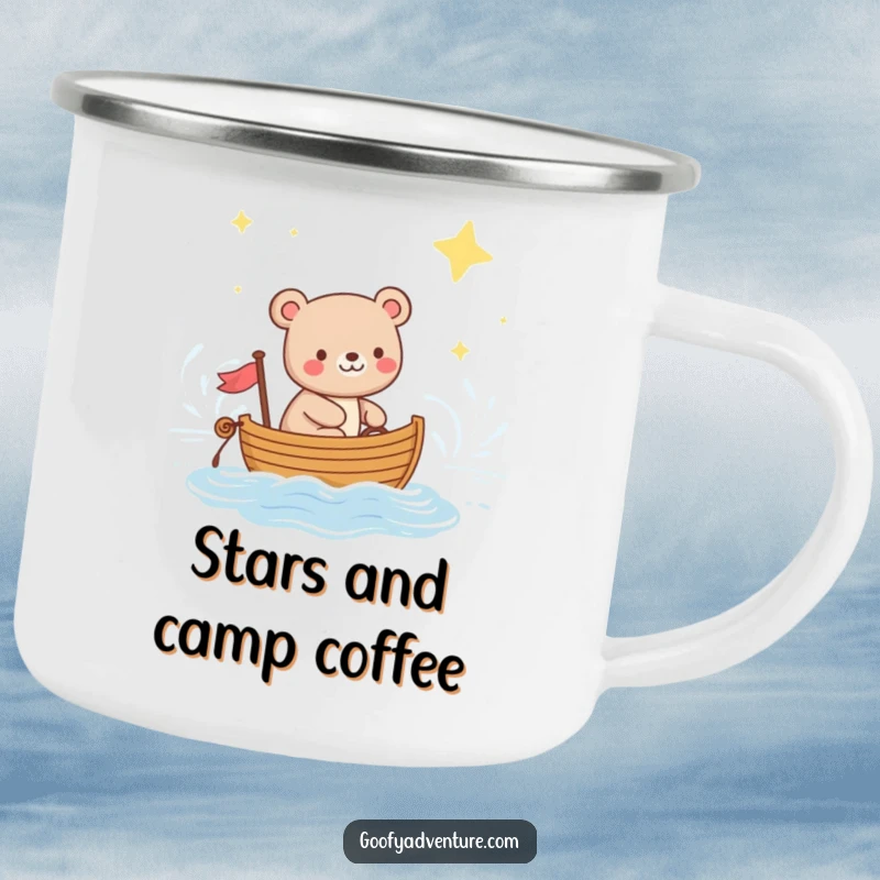 Funny camping mug with a happy bear sailing a boat across a starry ocean, perfect for outdoor enthusiasts and stargazers.