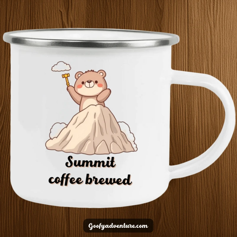 Funny camping mug with a determined bear character climbing a fluffy cloud mountain, ideal for rugged adventures and hot beverages.