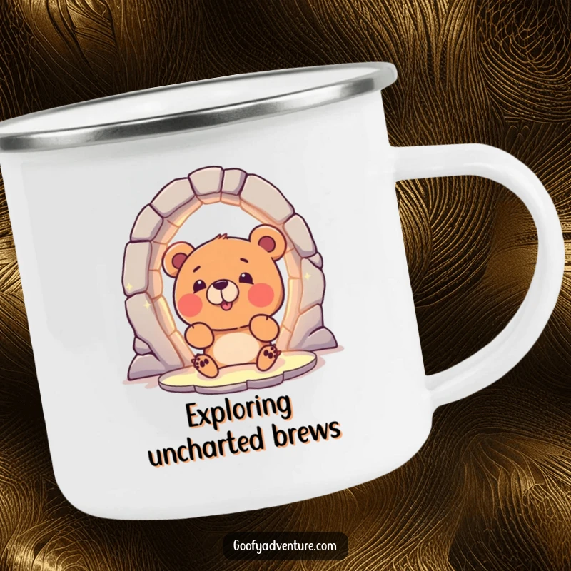 Funny Bear Camping Mug: A curious bear character excitedly peering into a magical, glowing portal, perfect for outdoor adventures.