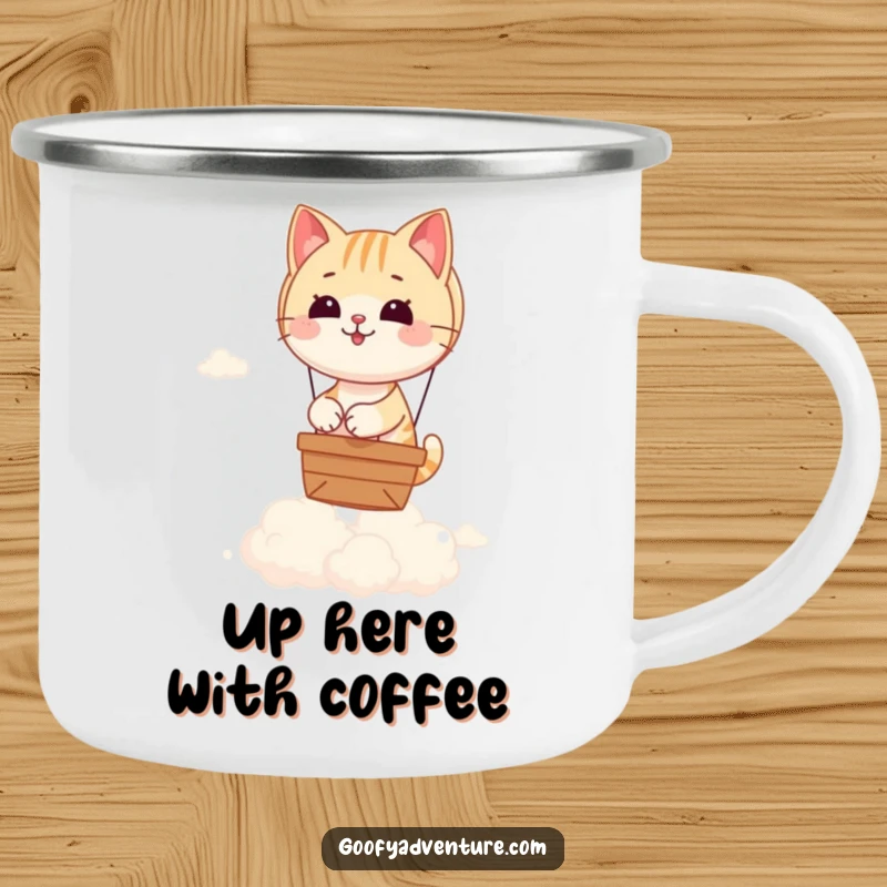 Funny camping mug with a playful cat steering a hot air balloon over fluffy clouds, perfect for outdoor enthusiasts and cat fans.