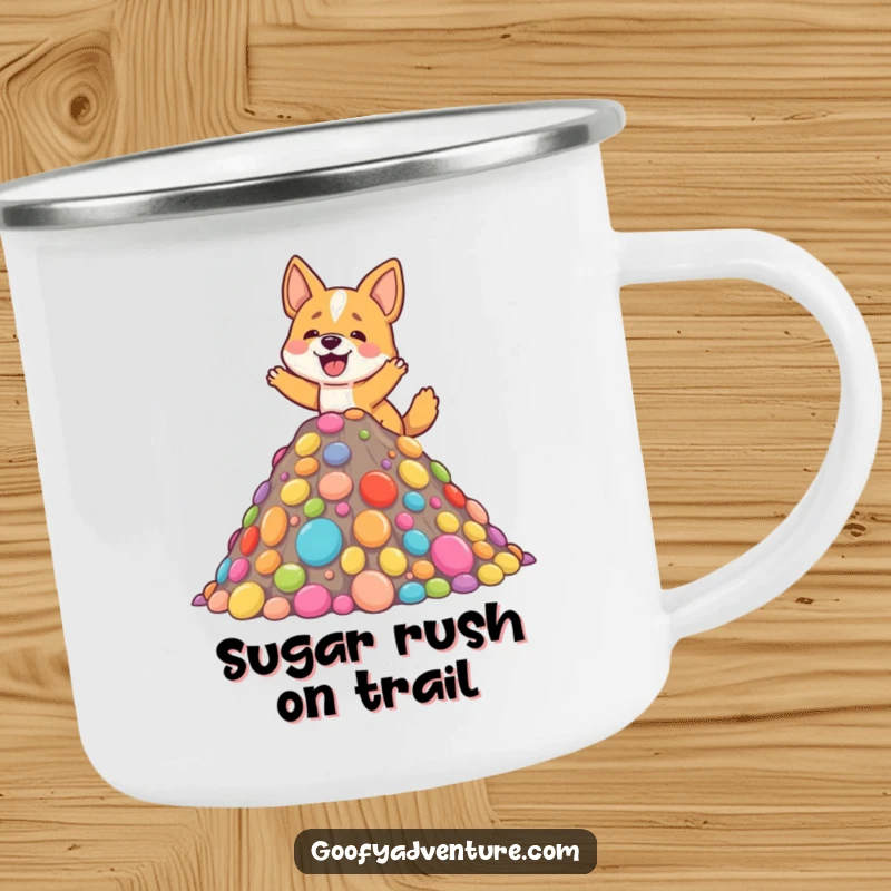 Funny camping mug with an excited dog climbing a colorful candy mountain, perfect for outdoor enthusiasts and dog lovers.
