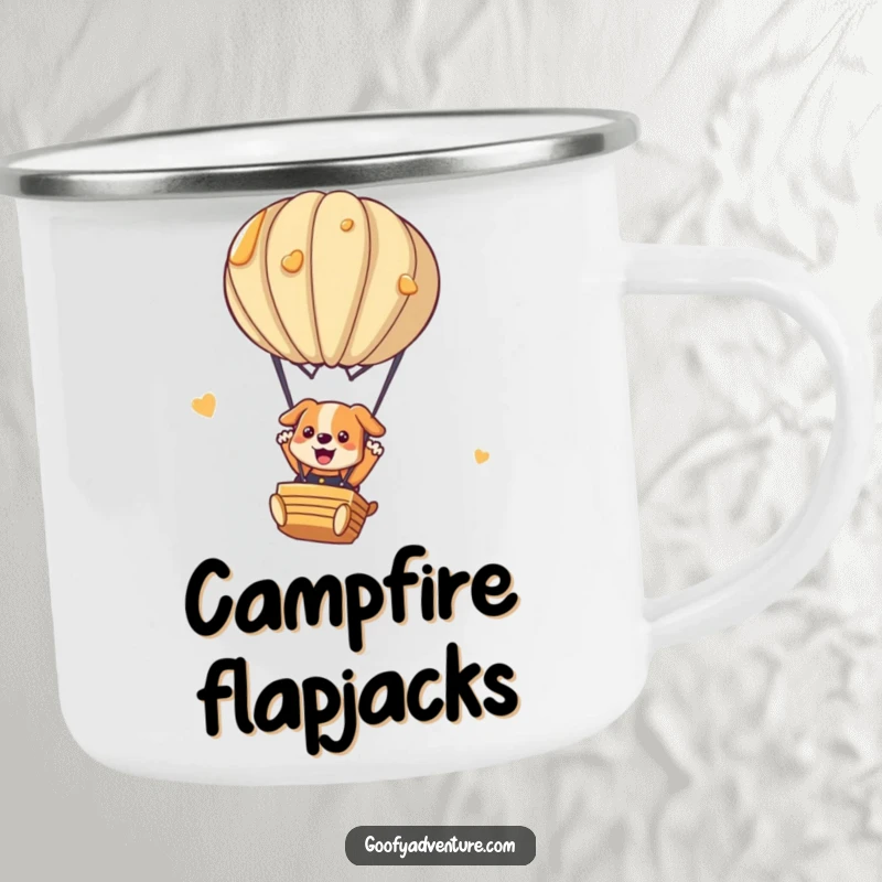 Funny dog camping mug showing a playful dog parachuting from a pancake hot air balloon. Perfect for outdoor adventures.
