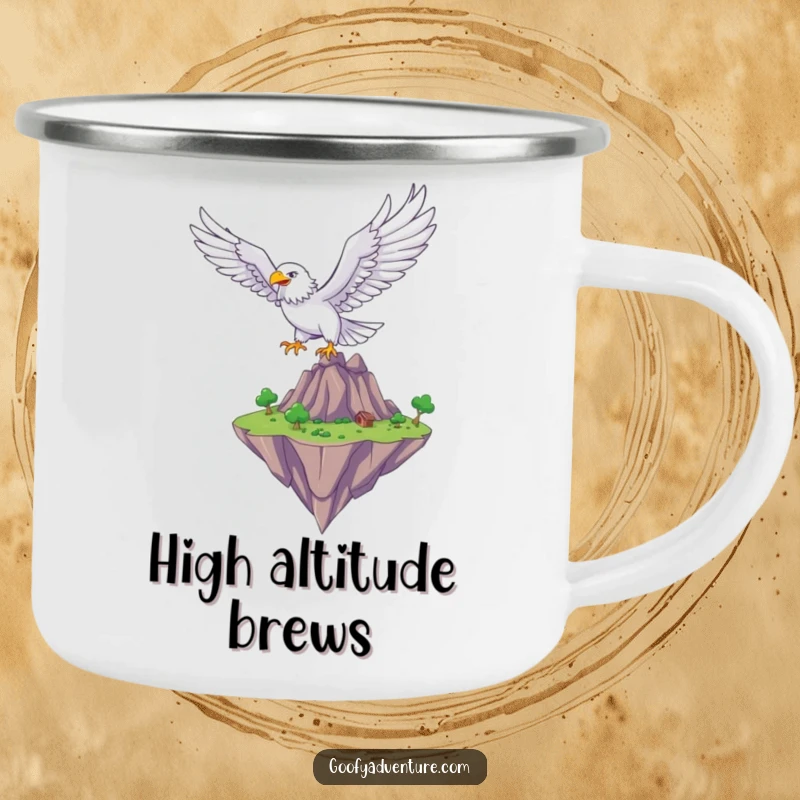Funny eagle soaring over a fantastical floating island, enamel camping mug, outdoor fantasy theme, ideal funny gift.