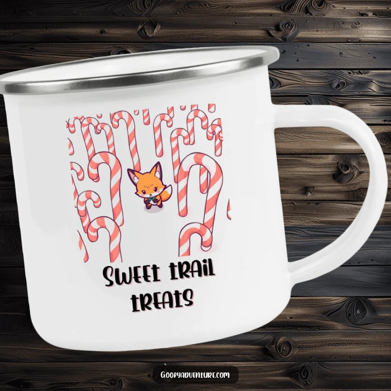 Funny Fox camping mug, determinedly navigating a maze made of giant candy canes, perfect for outdoor adventures.