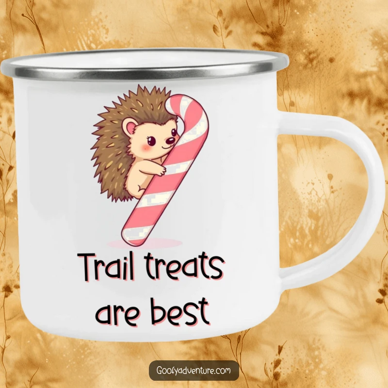 Funny Kawaii hedgehog climbing a whimsical candy cane on a rustic camping mug, perfect for chilly nights.