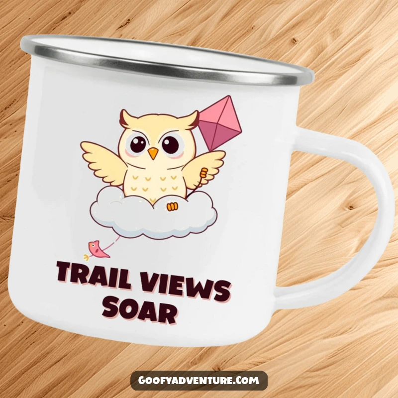 Funny Kawaii owl riding a friendly cloud kite on a rustic camping mug, perfect for outdoor enthusiasts.