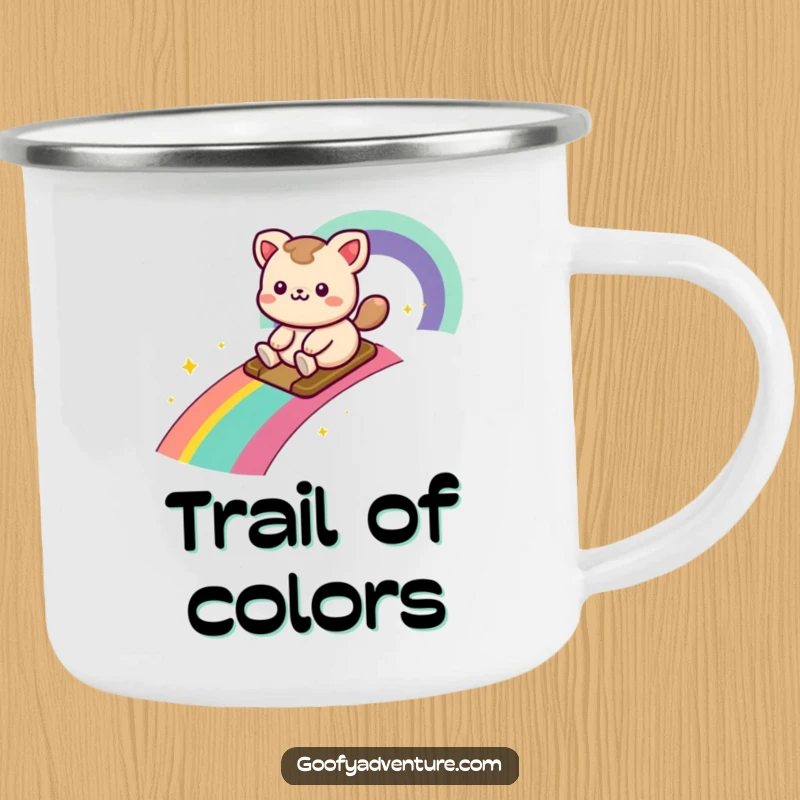 Funny kawaii animal character sliding down a rainbow trail, designed for rugged enjoyment on a camping mug.