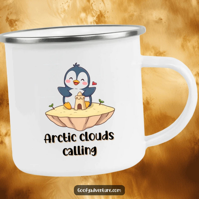 Funny penguin camping mug showing a giggling penguin building a sandcastle on a cloud. Perfect for outdoor adventures.