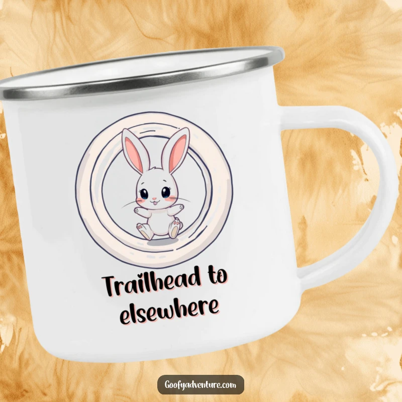 Funny durable camping mug with a curious rabbit character preparing to jump into a swirling portal.