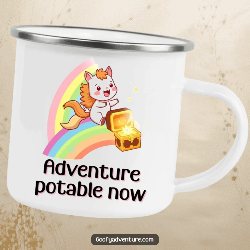 Funny camping mug with a joyful animal riding a galloping rainbow towards a treasure chest, designed for outdoor enthusiasts.