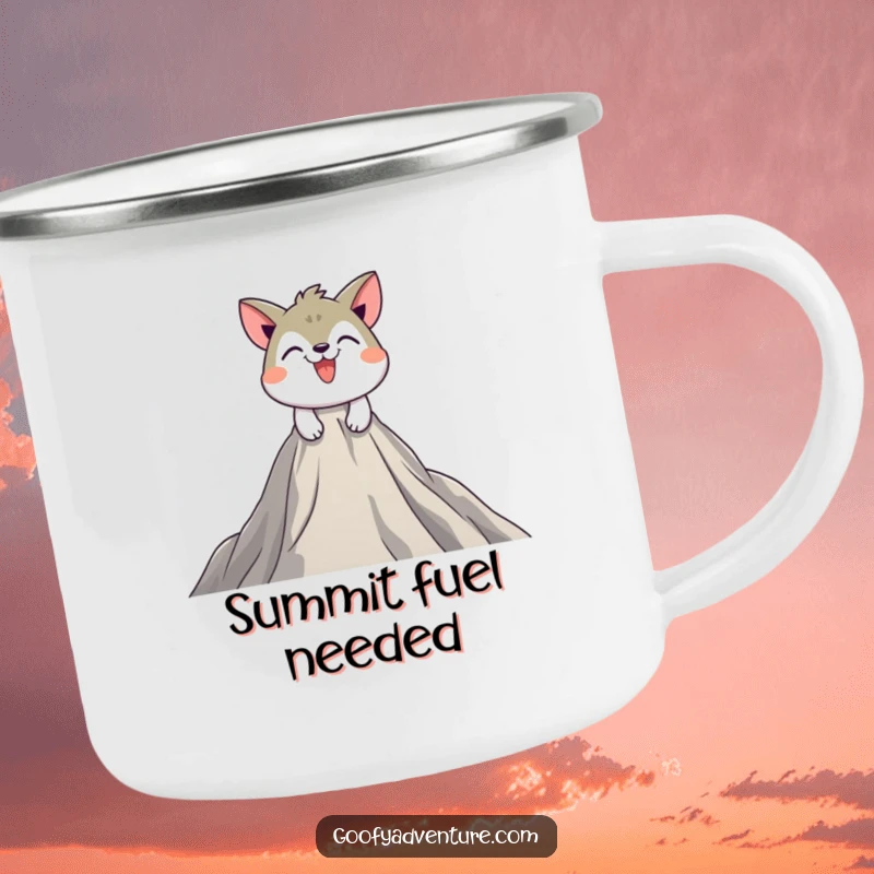 Funny camping mug with a playful animal character scaling a massive peak with a determined grin, designed for outdoor enthusiasts.