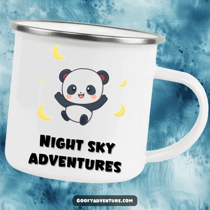 Funny Panda Moon Jumper Camping Mug: A smiling panda leaps between crescent moons, perfect for whimsical outdoor moments.