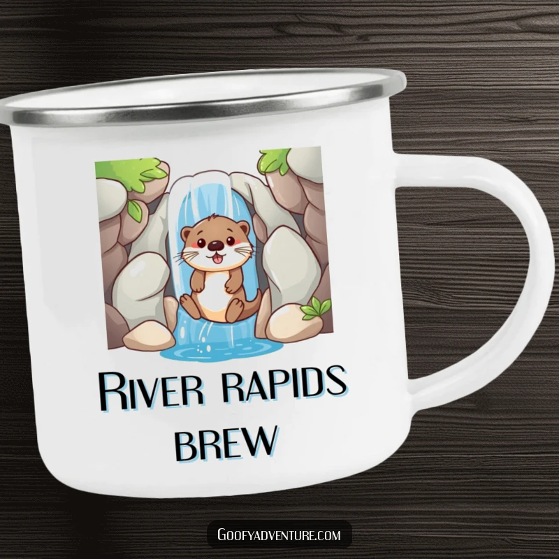 A sturdy camping mug featuring a funny, playful otter sliding down a waterfall entrance, ideal for enjoying beverages outdoors.