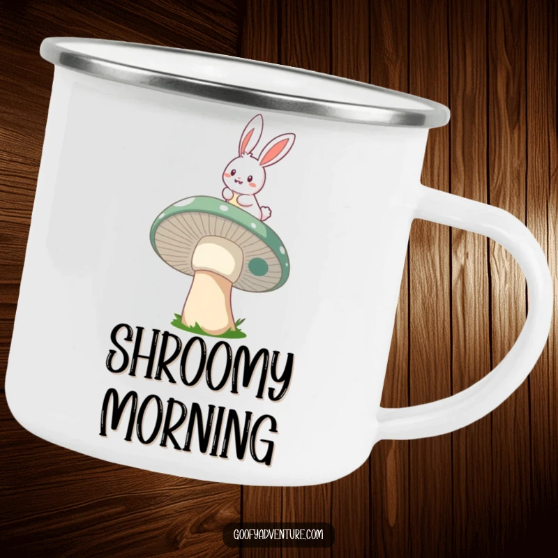 Funny cheerful bunny mushroom rider camping mug, showing a bunny riding a whimsical mushroom through the air, great for outdoor adventurers.