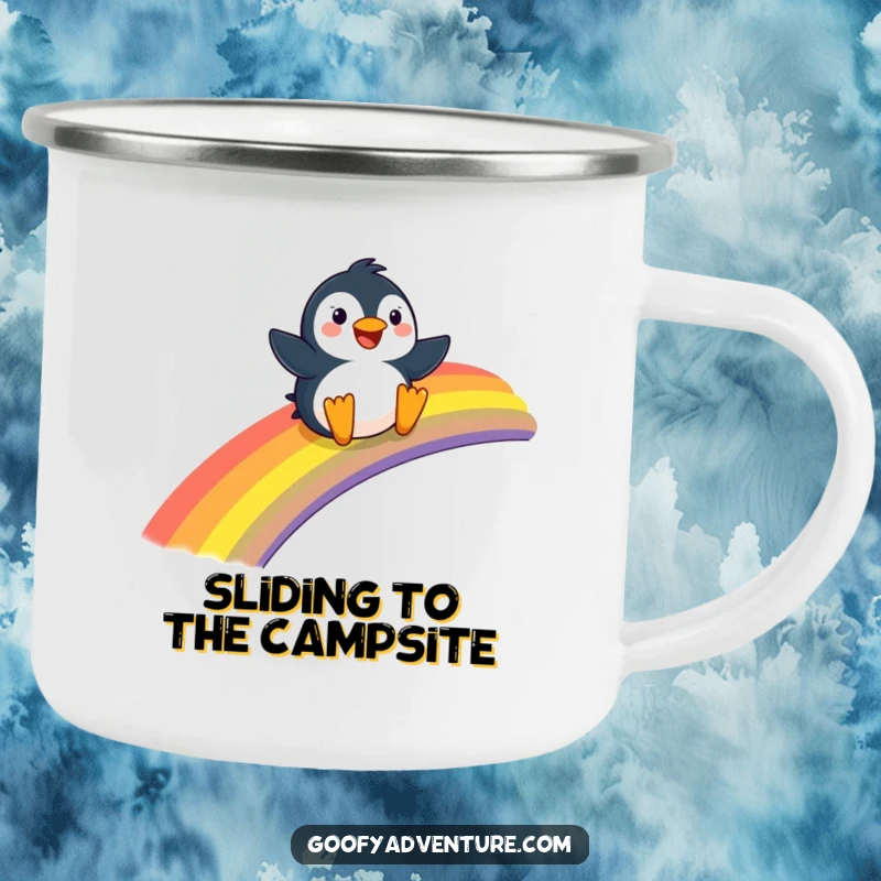 Funny Penguin camping mug, joyfully sliding down a giant rainbow, perfect for outdoor adventures.