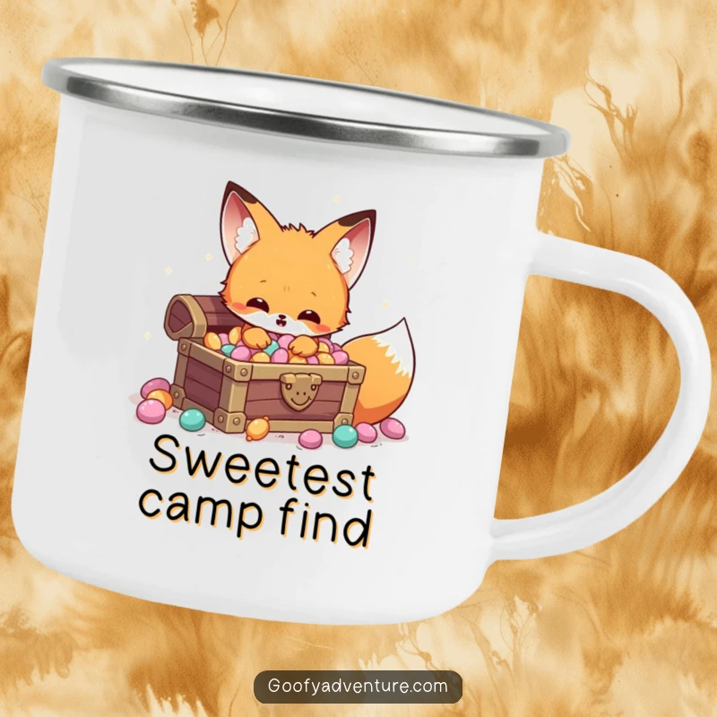 Funny Kawaii fox candy treasure camping mug, discovering a hidden chest of sparkling candy, for outdoor sweetness.
