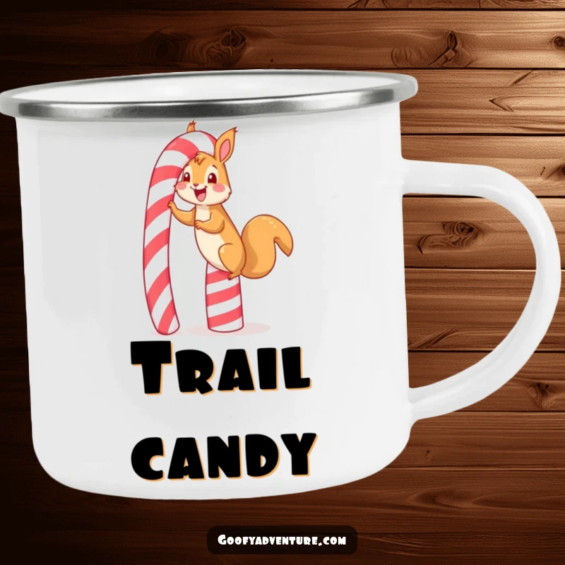 Funny happy squirrel candy cane camping mug, showing a squirrel gleefully scaling a towering candy cane, great for outdoor sweet lovers.