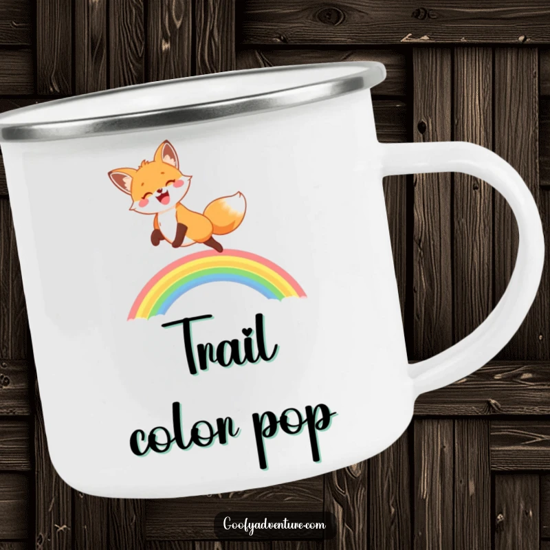 A sturdy camping mug featuring a funny, happy fox leaping joyfully over a vivid rainbow, ideal for outdoor enthusiasts.