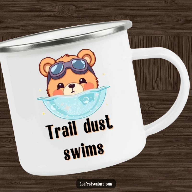 Funny bear camping mug showing a cute bear with goggles diving into stardust. Perfect for cosmic camping trips.