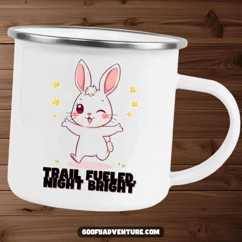 Funny Rabbit Camping Mug: An energetic rabbit plays tag with fireflies, perfect for outdoor enthusiasts who embrace nighttime fun.