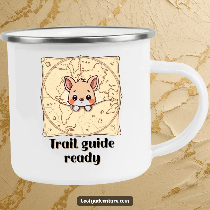 Funny camping mug with a curious animal peeking from behind an ancient map, designed for adventurers and map lovers.