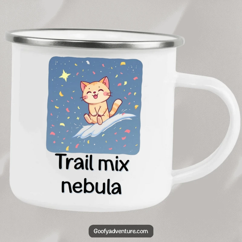 Funny cat camping mug showing a happy cat surfing a confetti wave into a starry sky, perfect for outdoor adventures.