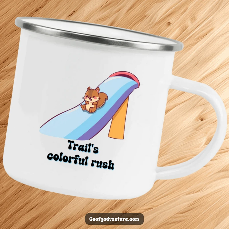 Funny squirrel character sliding down a rainbow on a camping mug, perfect for outdoor adventures, funny gift.