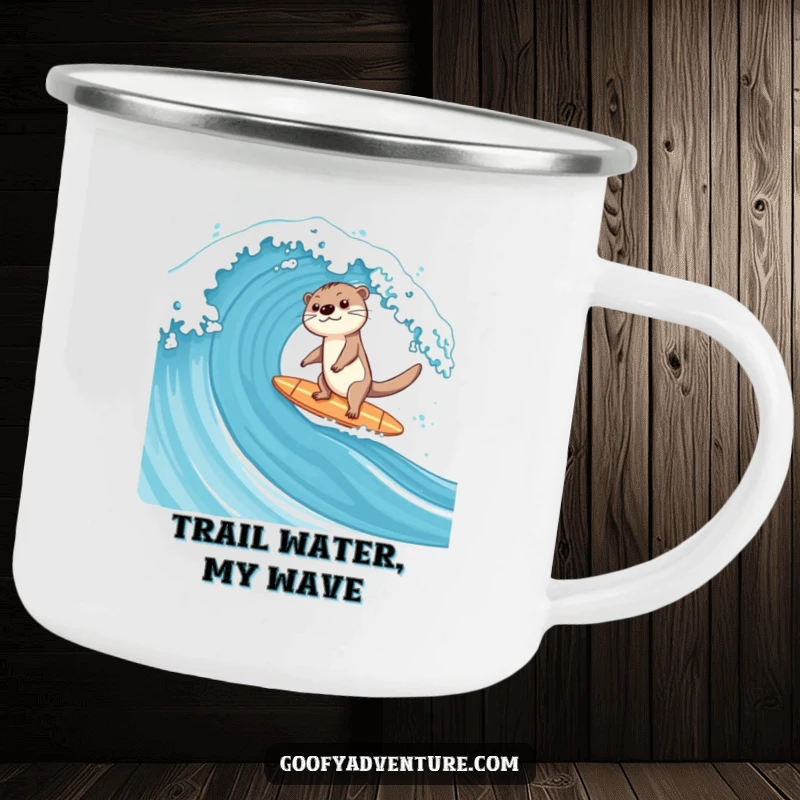 Funny durable camping mug with a happy otter surfing a large ocean wave on a surfboard.