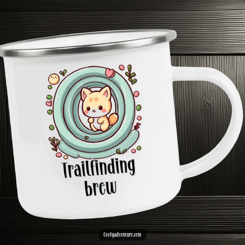 Funny kawaii animal character playfully navigating a whimsical maze, a durable and humorous camping mug for outdoor fun.