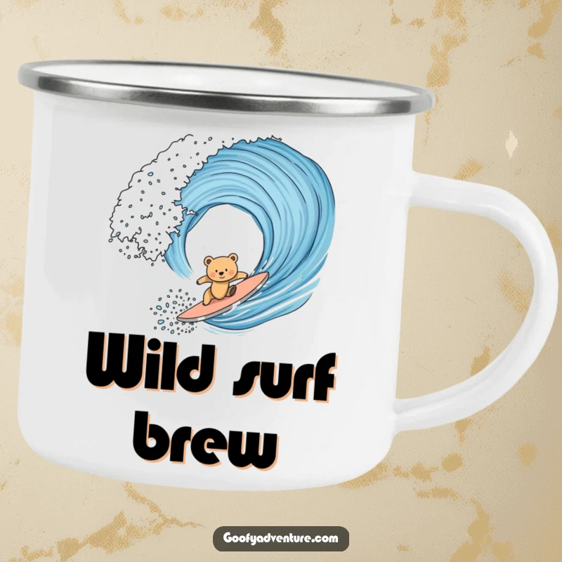 Funny bear cub humorously surfing a giant ocean wave on a durable camping mug, ideal for enjoying beverages outdoors.