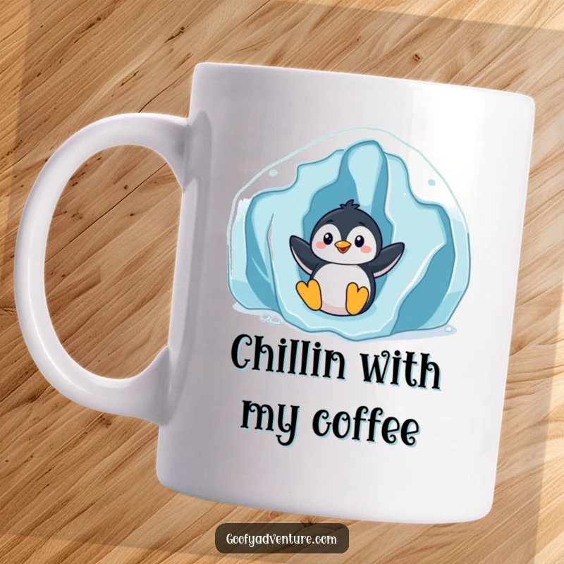 Funny playful penguin character gleefully sliding down a giant icy glacier, happy expression, winter theme, perfect funny gift.