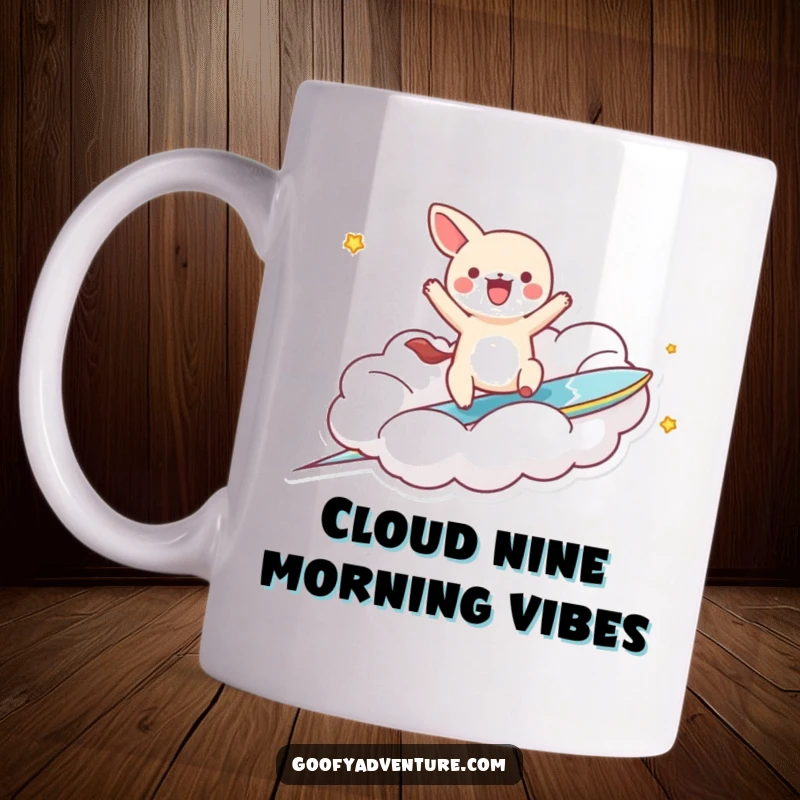 Funny kawaii animal character riding a fluffy white cloud like a surfboard, looking ecstatic, perfect for adventure lovers.