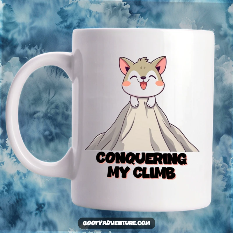 Funny mug with a playful animal character determinedly scaling a massive, inviting mountain peak with a grin.