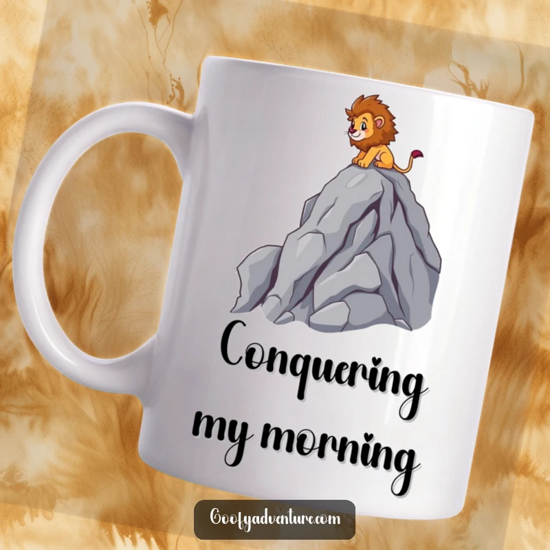 Funny brave lion character joyfully scaling a steep, cartoon mountain peak, determination, adventure theme, great funny gift.