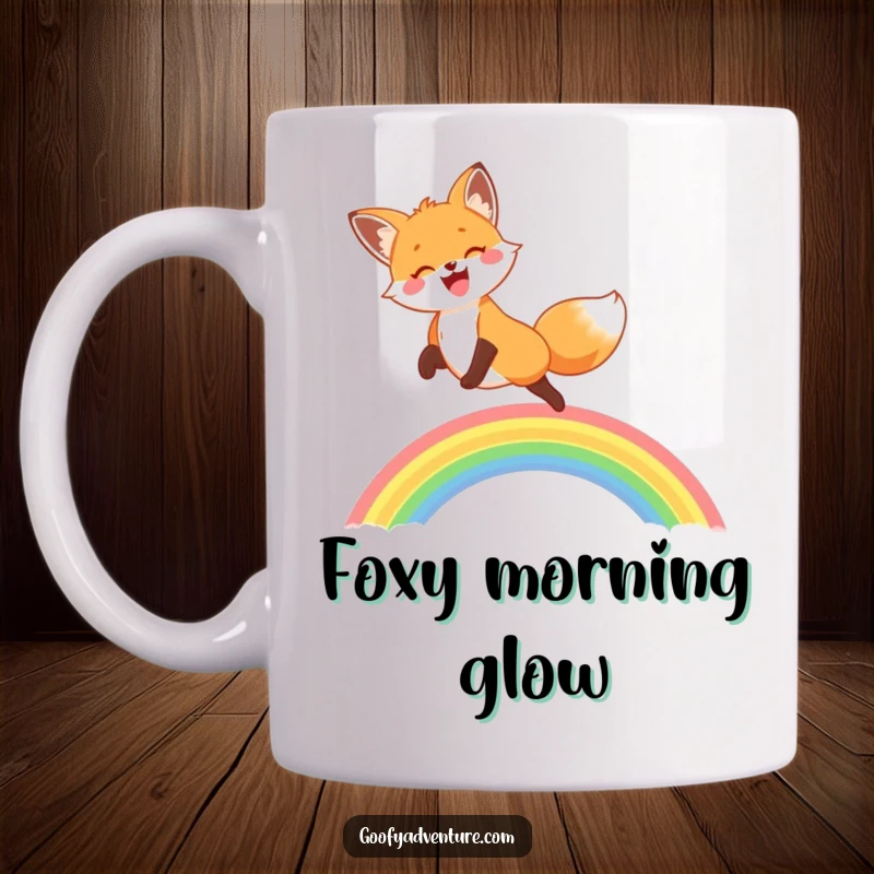 Funny and happy fox joyfully leaping over a vibrant, arched rainbow against a cheerful background, depicted on a mug.