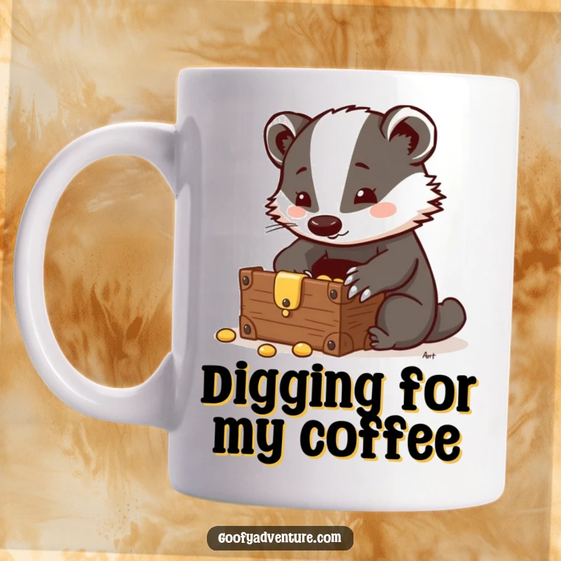 Funny Badger Mug: A clever badger excitedly discovers a hidden treasure chest, symbolizing smarts and the thrill of finding something valuable.