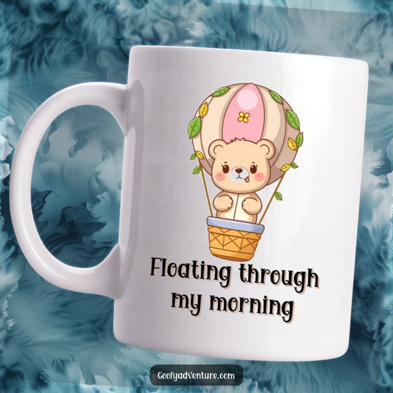 Funny Bear Adventure Mug: Cute bear character in a leaf-adorned hot air balloon, a humorous gift for adventurers.