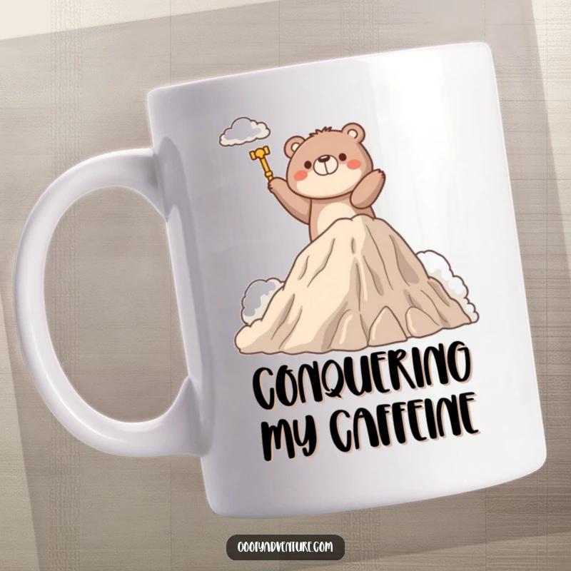 Funny mug featuring a determined bear character triumphantly ascending a mountain made of soft, fluffy clouds, symbolizing ambition.