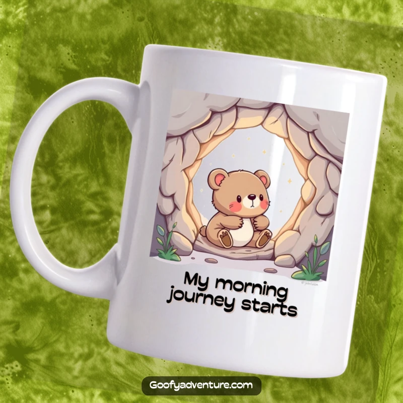 Funny mug featuring a curious bear cub peeking into a shimmering, magical portal leading to an unknown, wondrous world.