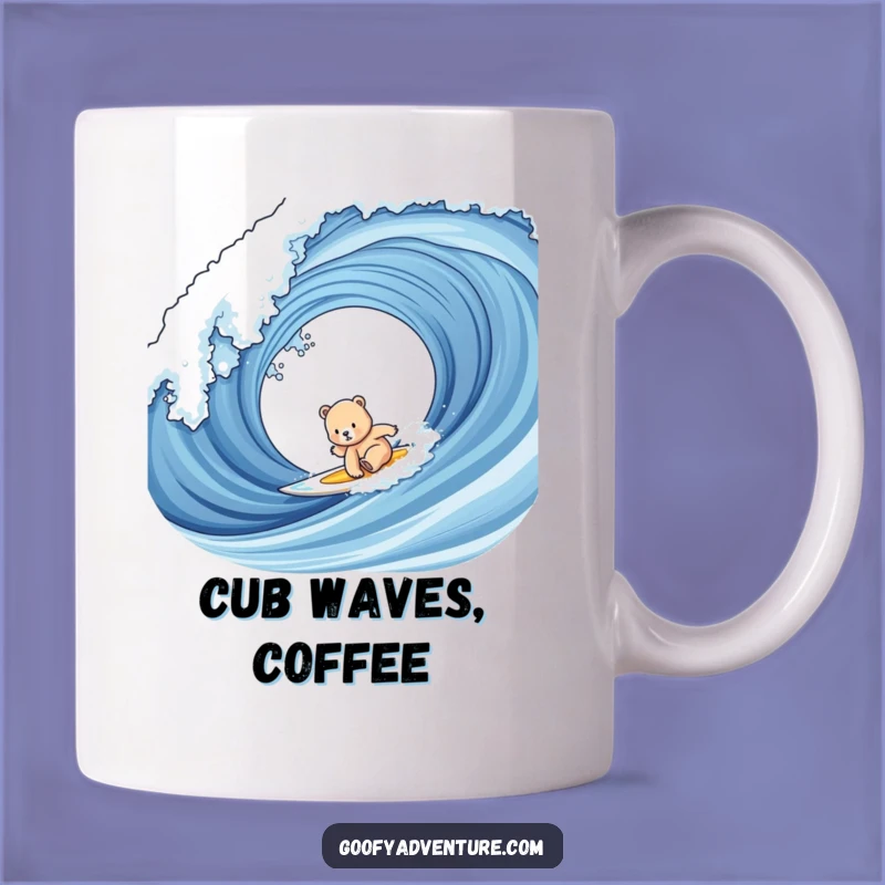 Funny Bear Cub Surfing Mug: Adorable Cub Tackles Big Wave, Perfect Beach Gift!