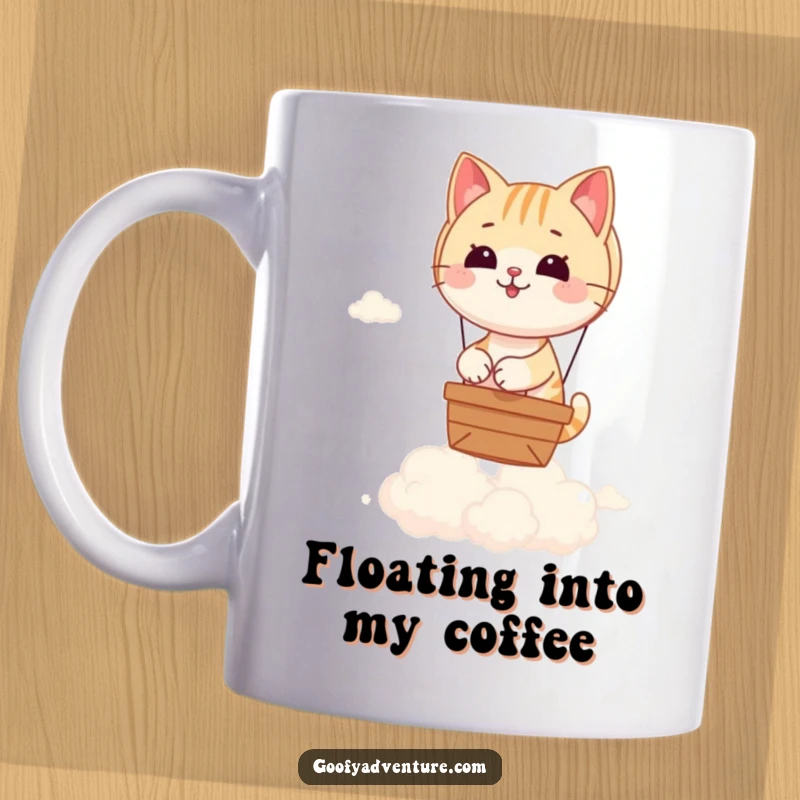 Funny mug displaying a playful cat piloting a small hot air balloon gracefully drifting over soft, fluffy clouds in a bright sky.