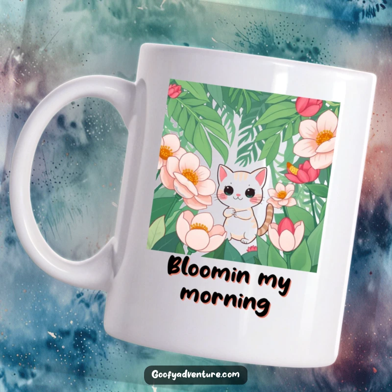 Funny mug featuring a curious cat character bravely navigating through a dense jungle filled with enormous, vibrant flowers.