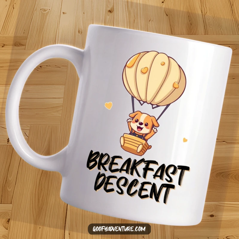 Funny dog mug with a playful dog character parachuting from a hot air balloon made entirely of pancakes. Whimsical breakfast adventure.