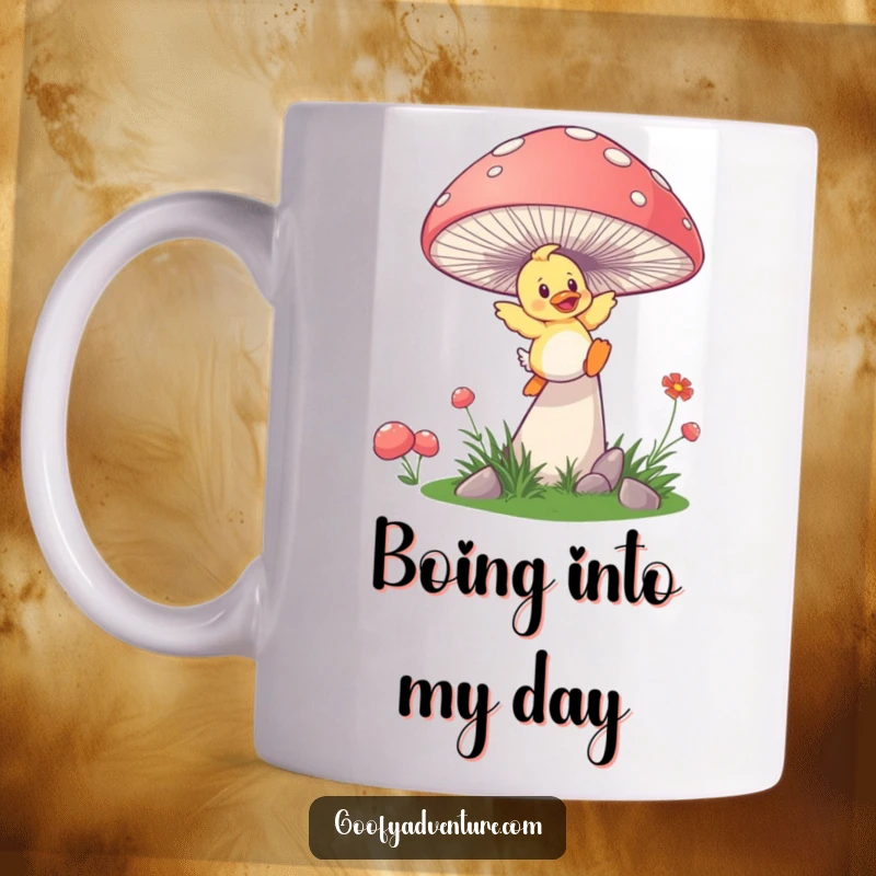 Funny duckling mushroom mug, a playful duckling launching itself with joy from a giant, springy mushroom.