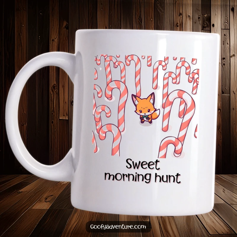Funny Fox mug, determinedly navigating a maze made of giant candy canes, perfect for clever problem-solvers.