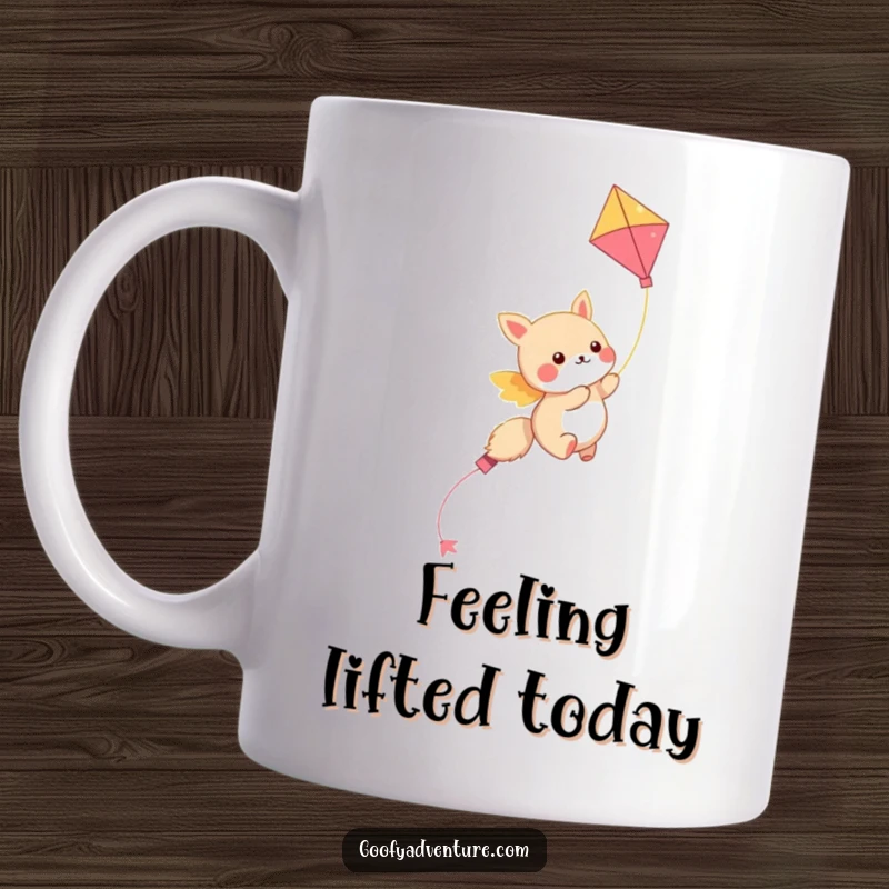 Funny kawaii animal character soaring joyfully through the sky on a colorful kite, a whimsical and uplifting mug design.