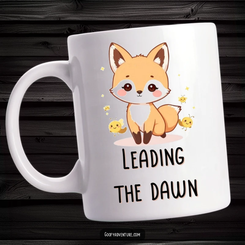 Funny kawaii fox leading a whimsical parade of tiny, smiling fireflies, perfect for lovers of fantasy and cute animals.